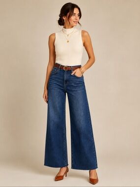 NEW Risen Jeans High-Waist Raw Hem Wide-Leg Dark Wash Denim Jeans Size 27